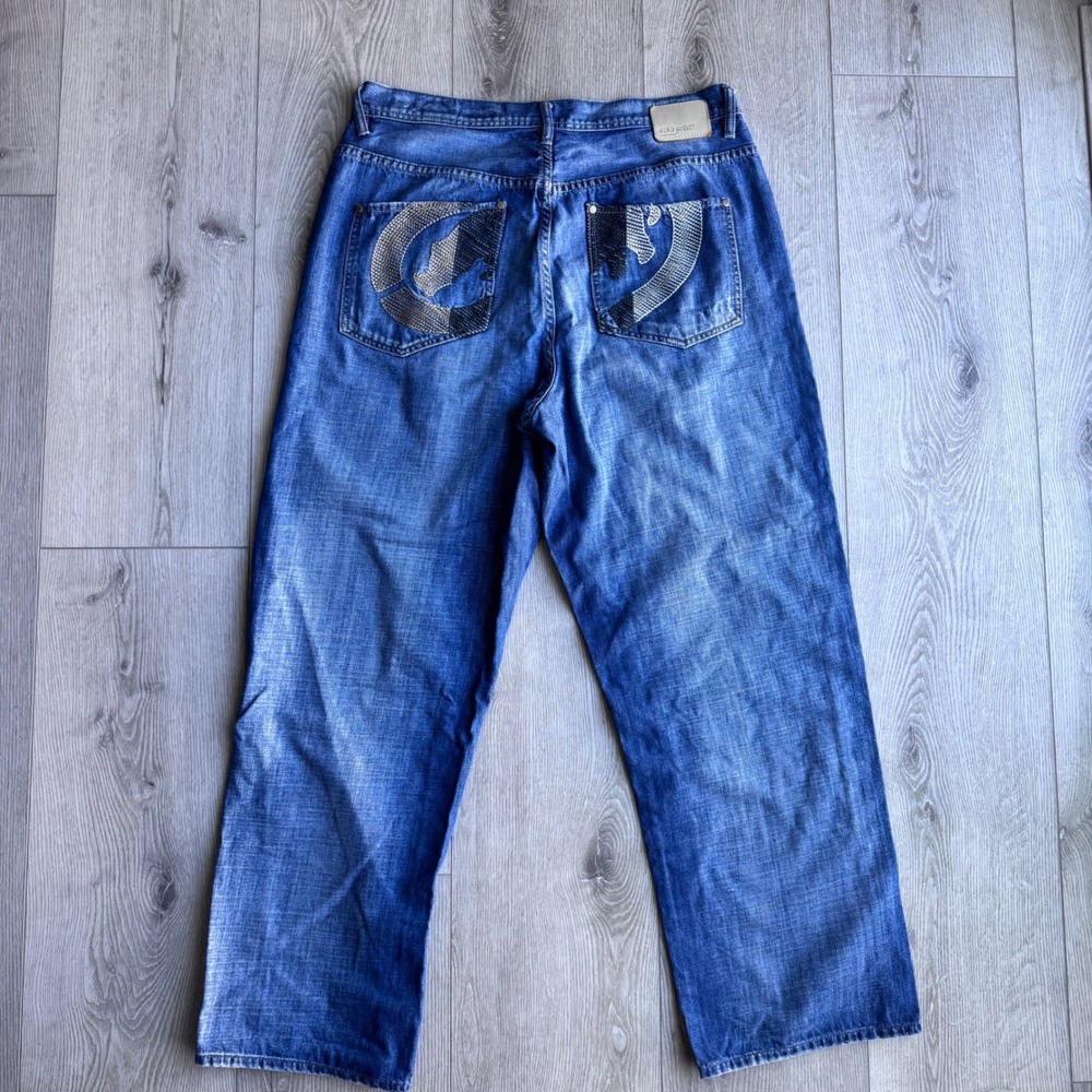 Ecko Unltd Baggy Jeans Mens 30 Y2K Embroidered Hip Hop Skater Denim Blue